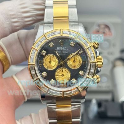 PPM Super Clone Rolex Daytona Black MOP Dial Baguette Diamond Two-Tone Gold Watch 